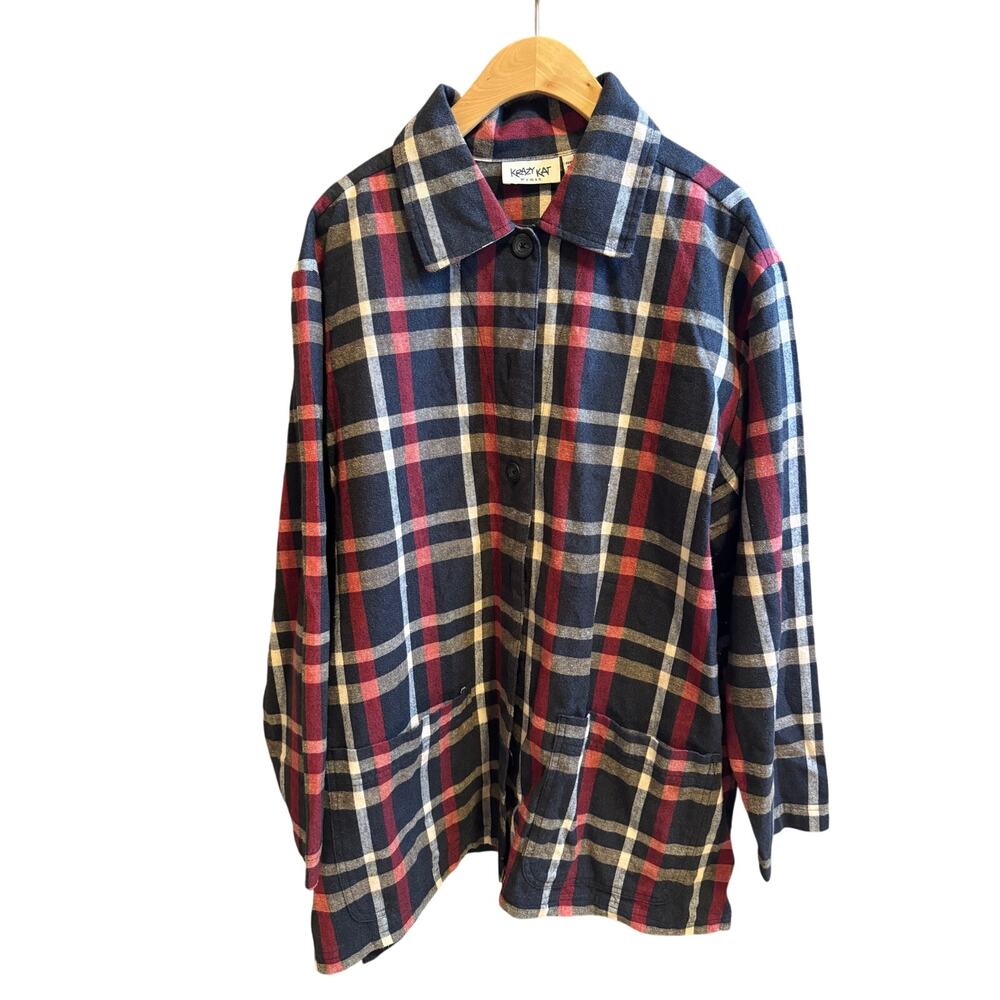 Krazy Kat Woman 1X Plaid Flannel Shirt Women's Long Sleeve Button Up Red Blue